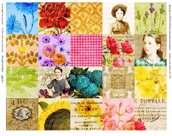ART TEA LIFE Bring Me Flowers Collage Sheet Digital File printable download gift tag sticker card making scrapbook junk journal squares