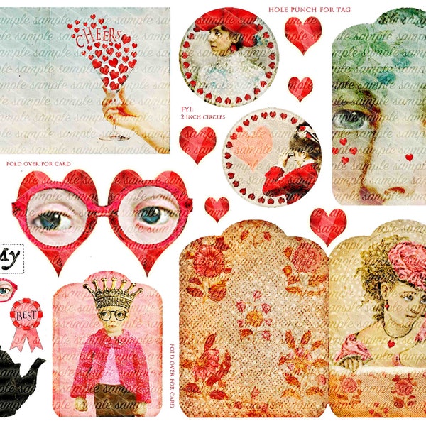 ART TEA LIFE Love Letters Valentine Collage Sheet printable download scrapbook gift tag cards diy paper crafting rebus  circles journal