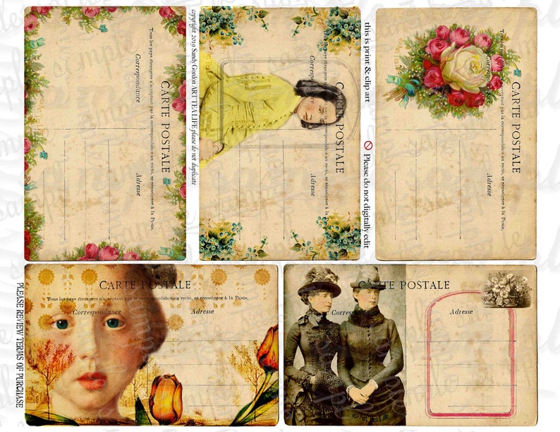 ART TEA LIFE Mini Postcards Gift Tag Collage 2 Sheet Set Scrapbook Journal digital file printable download decoupage card making victorian