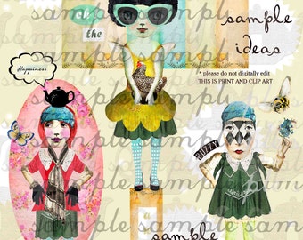 ART TEA LIFE Green Girl Soul Collage Sheet Journal Page Scrapbooking clip art Digital File paper doll card gift tag altered art parts