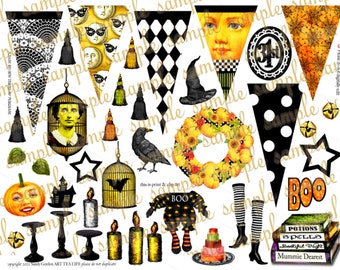 ART TEA LIFE Halloween Scrapbooking Page Collage Sheet journal pumpkin paper doll craft printable digital file gift tags wreath witch banner