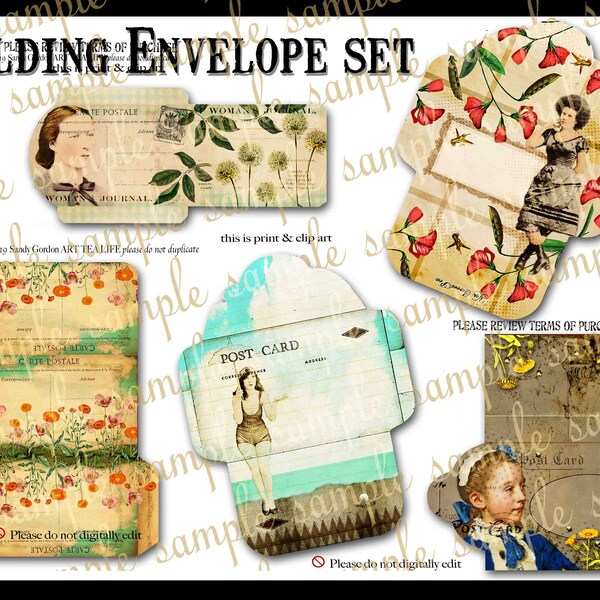 ART TEA LIFE Folding Envelopes Collection Collage 5 Sheet Set Scrapbook Journal digital file printable download decoupage card making mail