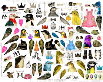 ART TEA LIFE Bird Heads Paper Dolls Collage Sheet Digital File gift tag invitation journal scrapbook printable download vintage photos card