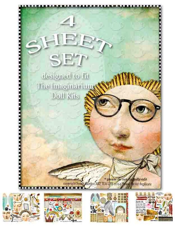 ART TEA LIFE Doll Printable Kit Artful Gathering Workshop Angel Scrapbook Journal Page Paper Doll Collage Sheet Set of 4