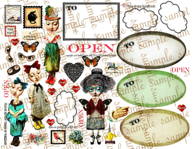 ART TEA LIFE Mail Art Girls Journal Collage Sheet paper doll digital file printable download decoupage scrapbook tags clip art cards post