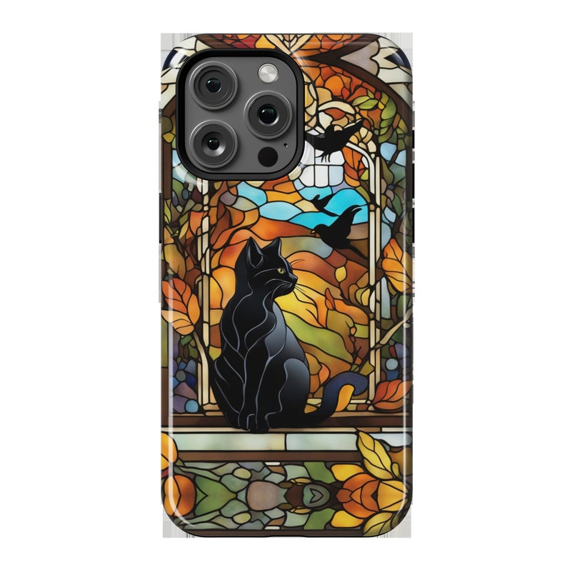 Halloween Fall Black Cat Crows Stained Glass iPhone Case 15 14 13 12 11