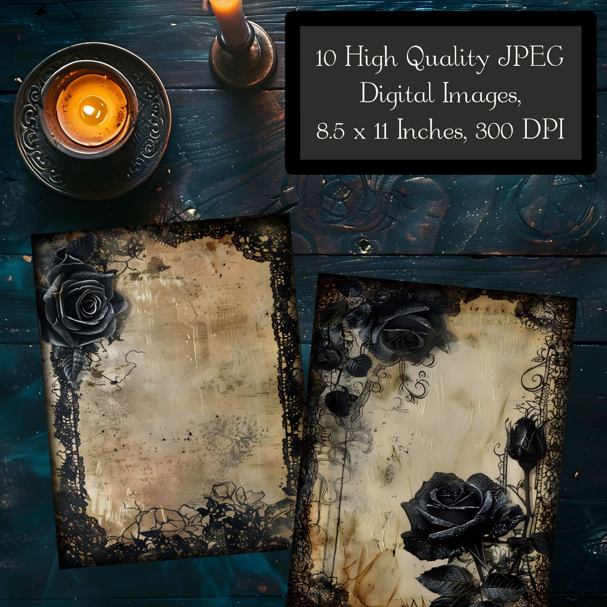 Dark Lace & Rose Border Junk Journal Papers, Gothic Fabric Frame ...