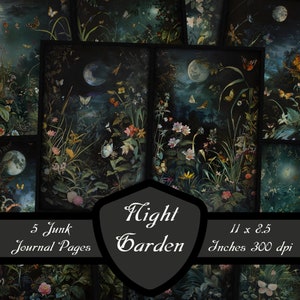 Night Garden ongewenste dagboekpagina's, mystic magische bloemen plakboek papier botanische vlinder afdrukbare collage blad planten digitale download