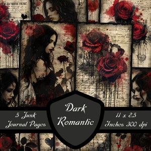 Páginas de diario basura románticas oscuras, papeles de álbum de recortes de amor gótico, mujeres vampiro, descarga digital, hoja de collage de encaje, rosa victoriana imprimible