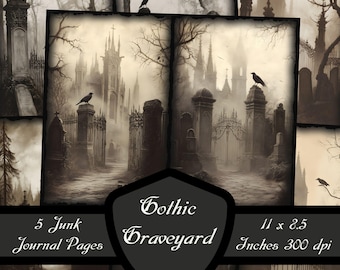 May include: Five digital journal pages featuring a gothic graveyard scene with a church, gates, and crows. The text "Gothic Graveyard" is in the center of the image. The image is 11 x 8.5 inches at 300 dpi.