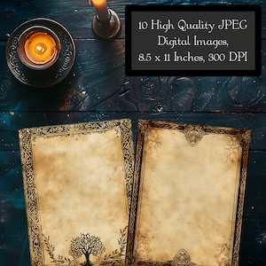 May include: Two printable digital papers with a vintage parchment background and intricate black Celtic knot borders. One paper features a tree of life design, while the other has a shield design. The papers are 8.5 x 11 inches, 300 DPI.