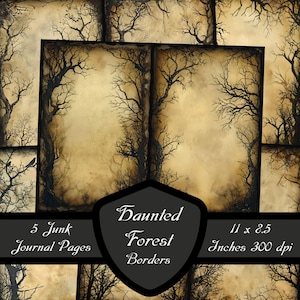 Pages de journal indésirable à la frontière de la forêt hantée, papiers de scrapbooking arbre mort sombre fond de sorcière en téléchargement numérique feuille de collage effrayante imprimable