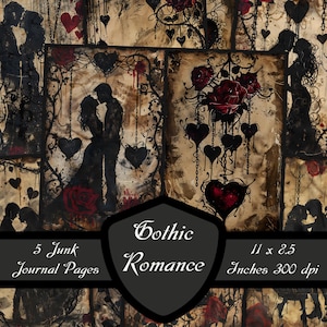 Páginas de diario basura de romance gótico, papel de álbum de recortes de amor oscuro hoja de collage floral de rosa victoriana corazón descarga digital pareja arte imprimible