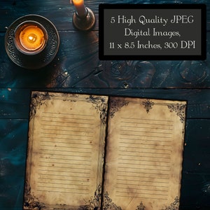 Puede incluir: Un diario abierto de estilo antiguo con p&aacute;ginas rayadas y bordes decorativos. El diario est&aacute; sobre una superficie de madera oscura con una vela encendida en el fondo. 5 im&aacute;genes digitales JPEG de alta calidad, 11 x 8,5 pulgadas, 300 DPI