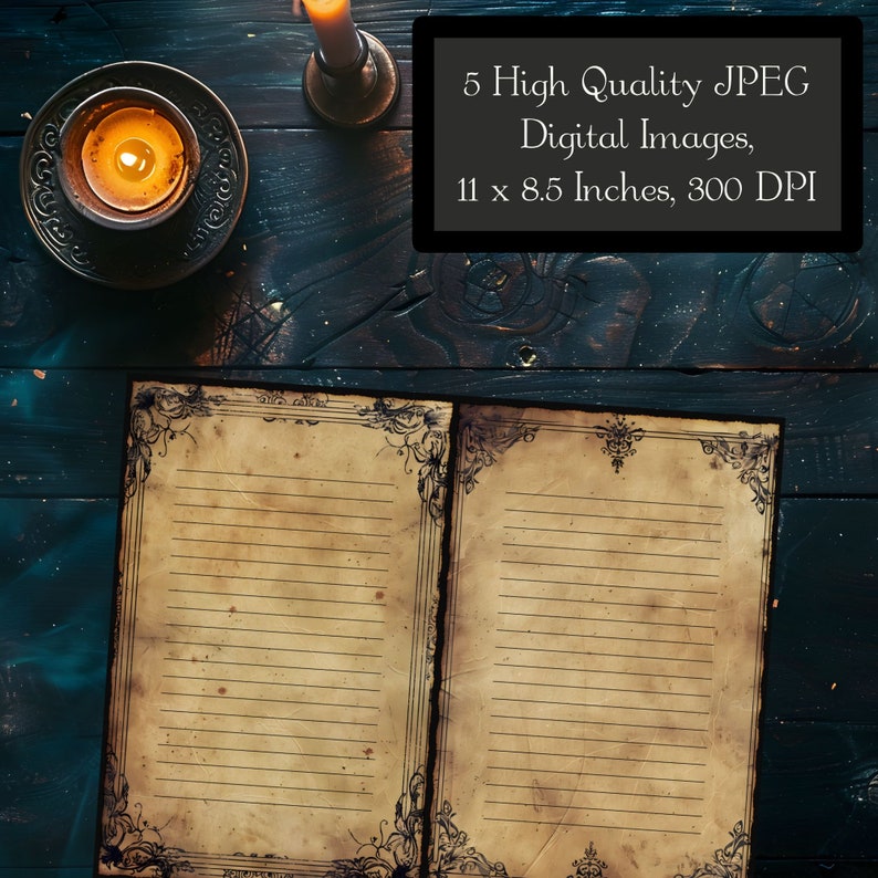 Puede incluir: Un diario abierto de estilo antiguo con p&aacute;ginas rayadas y bordes decorativos. El diario est&aacute; sobre una superficie de madera oscura con una vela encendida en el fondo. 5 im&aacute;genes digitales JPEG de alta calidad, 11 x 8,5 pulgadas, 300 DPI