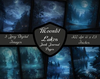 Moonlit Lakes Junk Journal Pages, Printable Digital Download Scrapbook Paper Fantasy Forest Midnight Woods Gothic Collage Sheet Misty Water