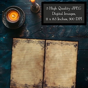 Puede incluir: Un diario abierto de estilo antiguo con p&aacute;ginas rayadas y bordes ornamentados. El diario est&aacute; sobre una superficie de madera oscura con una vela encendida en el fondo. 5 im&aacute;genes digitales JPEG de alta calidad, 11 x 8,5 pulgadas, 300 DPI