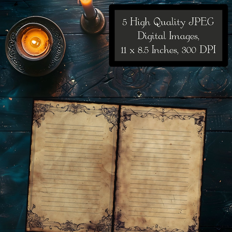 Puede incluir: Un diario abierto de estilo antiguo con p&aacute;ginas rayadas y bordes ornamentados. El diario est&aacute; sobre una superficie de madera oscura con una vela encendida en el fondo. 5 im&aacute;genes digitales JPEG de alta calidad, 11 x 8,5 pulgadas, 300 DPI