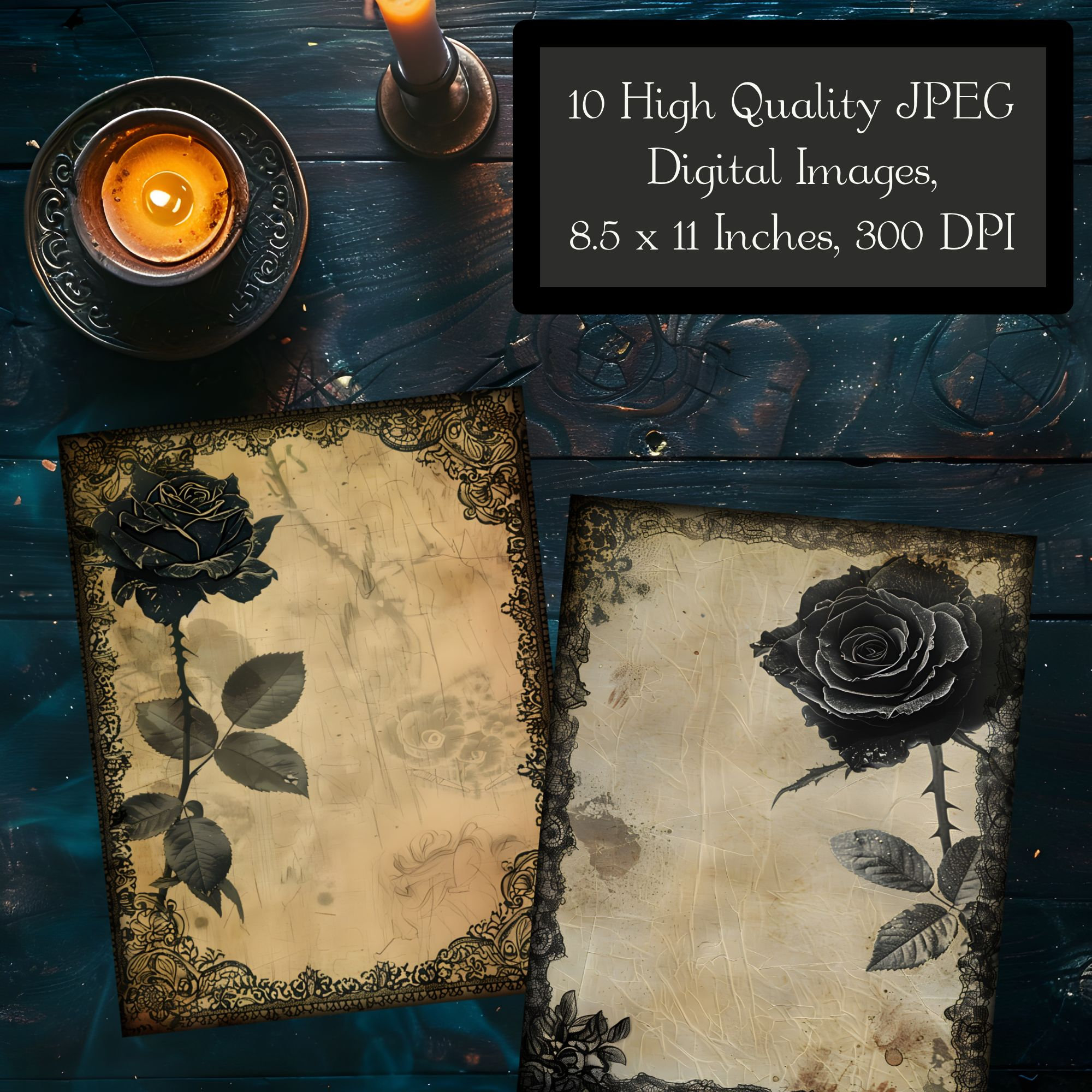 Dark Lace & Rose Border Junk Journal Papers, Gothic Fabric Frame ...