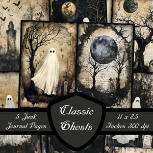 Classic Ghosts Junk Journal Pages, Spooky Spirit Scrapbook Papers Creepy Phantom Digital Download Haunted Printable Halloween Collage Sheet