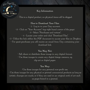 May include: A black and white graphic with text that reads "Moon Forged Media" and "Key Information". The text explains that the product is a digital download and provides instructions on how to download the files. The text also lists what the buyer may and may not do with the digital files.