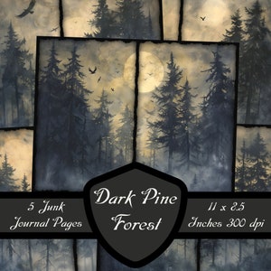 Pages de journal indésirable forêt de pins foncés, papier de scrapbooking forêt au clair de lune aquarelle arbres brumeux téléchargement numérique Corbeau imprimable Collage feuille