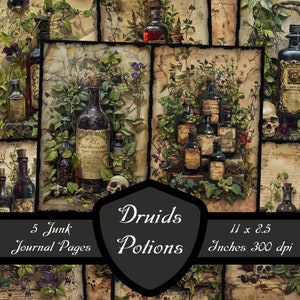 Druidas Poções Junk Journal Pages, Boticário Místico Papéis de scrapbook Garrafas mágicas Folha de colagem Download digital Fantasia sombria para impressão