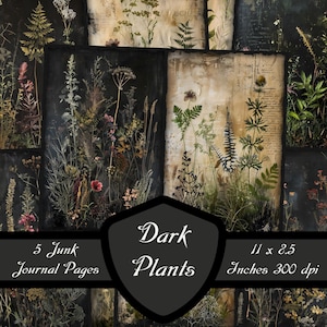 Donkere planten ongewenste dagboekpagina's, gotisch botanisch plakboek mystieke kruiden afdrukbare vintage bloemen digitale download oude collageblad