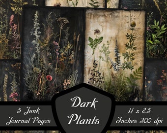 Dark Plants Junk Journal Pages, Gothic Botanical Scrapbook Paper Mystic Herbs Printable Vintage Flowers Digital Download Old Collage Sheet