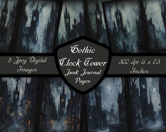 Gothic Clock Tower Junk Journal Pages, Victorian Street Architecture Misty Printable Lovecraft Digital Download Scrapbook Paper Dark Fantasy