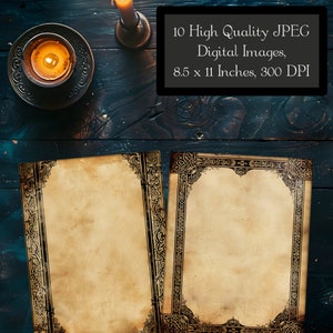 May include: Two antique-style parchment paper sheets with black ornate borders. The paper has a yellowed, aged look. The text on the image reads "10 High Quality JPEG Digital Images, 8.5 x 11 Inches, 300 DPI".