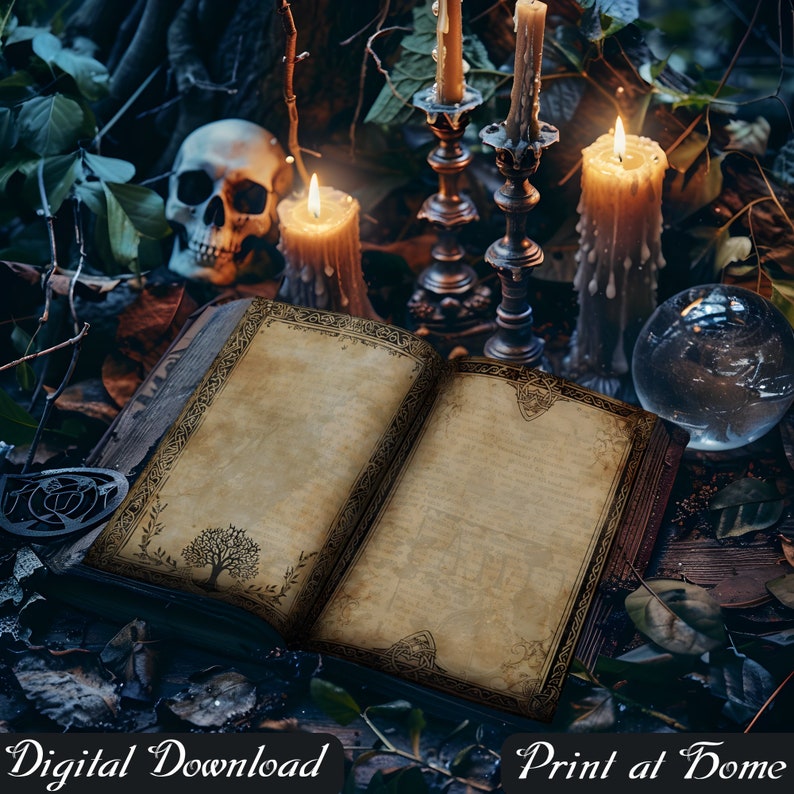 May include: An open, blank, antique book with a dark brown leather cover and ornate gold detailing. The book is surrounded by candles, a skull, and a crystal ball, creating a mystical and magical atmosphere.