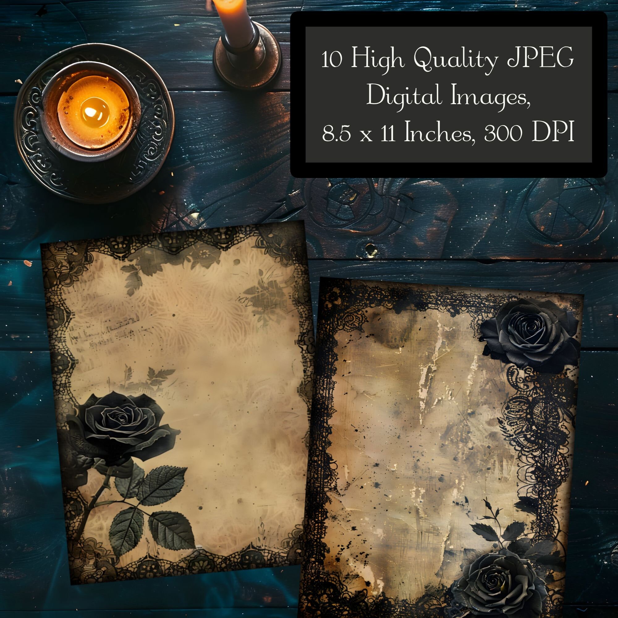 Dark Lace & Rose Border Junk Journal Papers, Gothic Fabric Frame ...