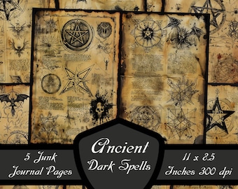 Ancient Dark Spells Junk Journal Pages, Black Witch Magic Scrapbook Papers Horror Fantasy Summon Collage Sheet Digital Download Printable