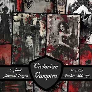 Pagine del diario spazzatura del vampiro vittoriano, album di ritagli Dracula gotico carta Dark Fantasy Download digitale Foglio di collage horror stampabile di Halloween