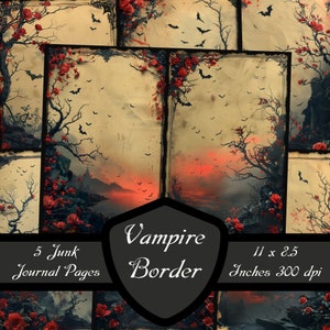 Vampire Border Junk Journal Pages, Drácula Marco Scrapbook Papeles Gótico Horror Margen Murciélagos Descarga Digital Hoja de Collage Imprimible Oscuro