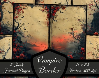 May include: Five vintage journal pages with a gothic vampire border. The pages feature a dark, red sunset over a lake with a castle in the distance. The border is decorated with red roses and bats.