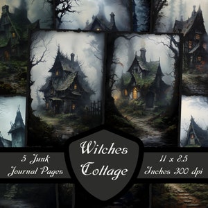 May include: Five digital journal pages featuring a dark, mysterious cottage in a foggy forest. The cottage has a pointed roof, overgrown with vines and moss. The text "Witches Cottage" is displayed below the image. The image is 11 inches by 2.5 inches at 300 dpi.