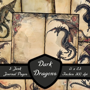 Pagine del diario spazzatura dei draghi oscuri, bordo del mostro gotico Scrapbook Carta Foglio di collage rosso nero stampabile Download digitale Dark Fantasy Worn