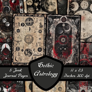 Gotische astrologie ongewenste dagboekpagina's, donkere dierenriem plakboek Celestial digitale download sterrenbeeld afdrukbaar collageblad maanastronomie