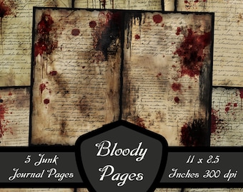 Bloody Pages Junk Journal Papers, Blood Stained Scrapbook Sheets Macabre Digital Download Sinister Printable Vintage Gothic Collage Sheet