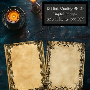 May include: Two blank parchment paper sheets with black decorative borders on a dark blue wooden background. The paper sheets are 8.5 x 11 inches and 300 DPI. 10 high quality JPEG digital images.