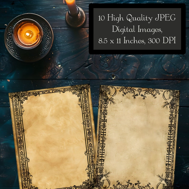 May include: Two blank parchment paper sheets with black decorative borders on a dark blue wooden background. The paper sheets are 8.5 x 11 inches and 300 DPI. 10 high quality JPEG digital images.