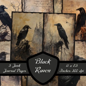 Pagine del diario spazzatura del corvo nero, corvo scuro gotico Scrapbook Papers Stregoneria Fantasy stampabile Download digitale Uccello Halloween Collage Sheet