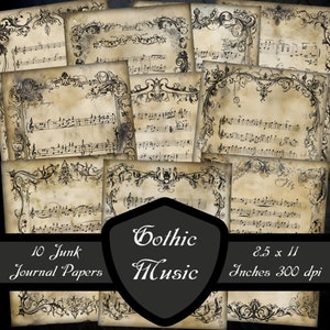 Hojas de música gótica Papeles de diario basura, Páginas de álbumes de recortes musicales oscuros Fondo Descarga digital Vintage Imprimible Viejo Grunge Envejecido Collage