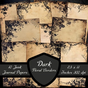 Bordures florales foncées, papiers de journal indésirable, fleurs gothiques victoriennes, toile d'araignée, album de pages de scrapbooking, jardin noir vierge, téléchargement numérique imprimable