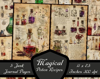 May include: Five printable journal pages featuring vintage illustrations of potion bottles and handwritten text. The pages are designed for crafting, scrapbooking, and journaling. Each page is 28 cm by 21.5 cm and 300 dpi.