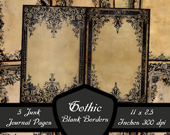 Gothic Blank Borders Junk Journal Pages, Dark Decorative Digital Scrapbook Papers Victorian Collage Sheet Download Printable Burnt Old Worn