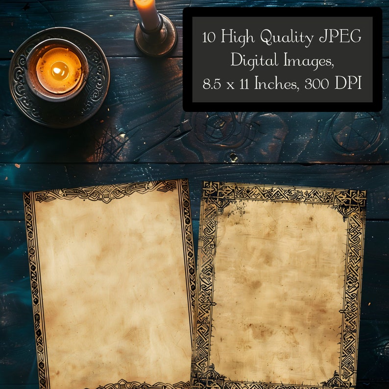 May include: Two blank parchment paper sheets with black ornate borders on a dark blue wooden surface. The paper is 8.5 x 11 inches and 300 DPI.  10 High Quality JPEG Digital Images.