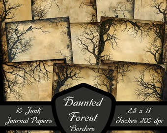 Haunted Forest Border Junk Journal Papers, Dark Dead Tree Scrapbook Pages Gothic Background Digital Download Printable Spooky Collage Sheet
